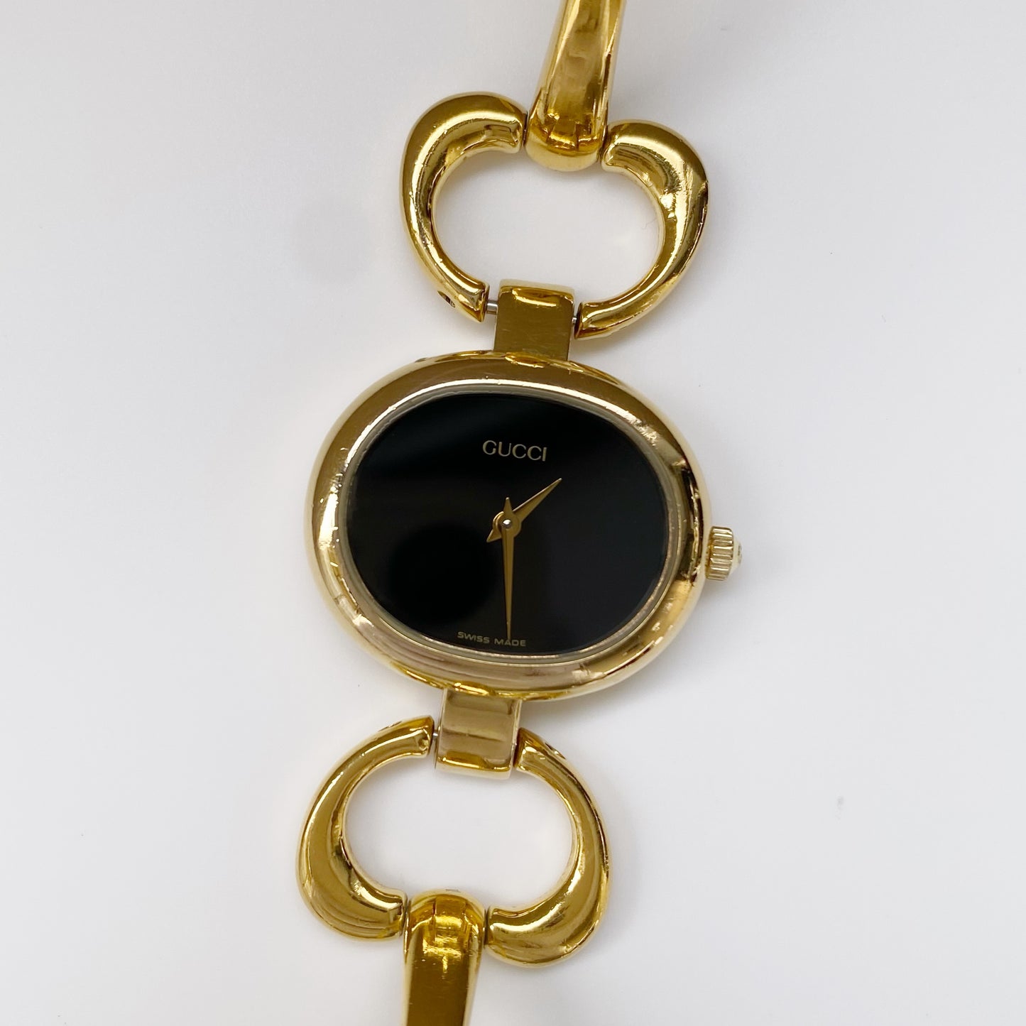 Gucci 1990s Black Dial Gold Plated Bangle Watch