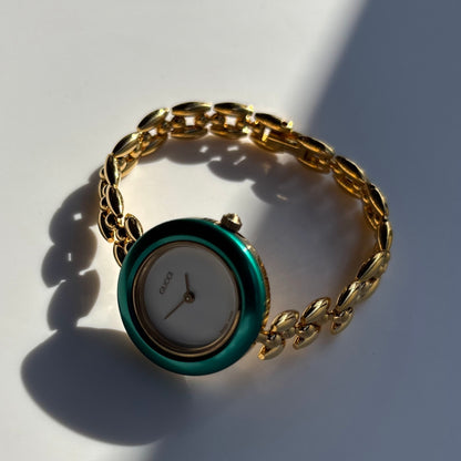 Gucci 1990s Interchangeable Bezel Gold Plated Rice Chain Watch with 6 bezels, case (160mm)