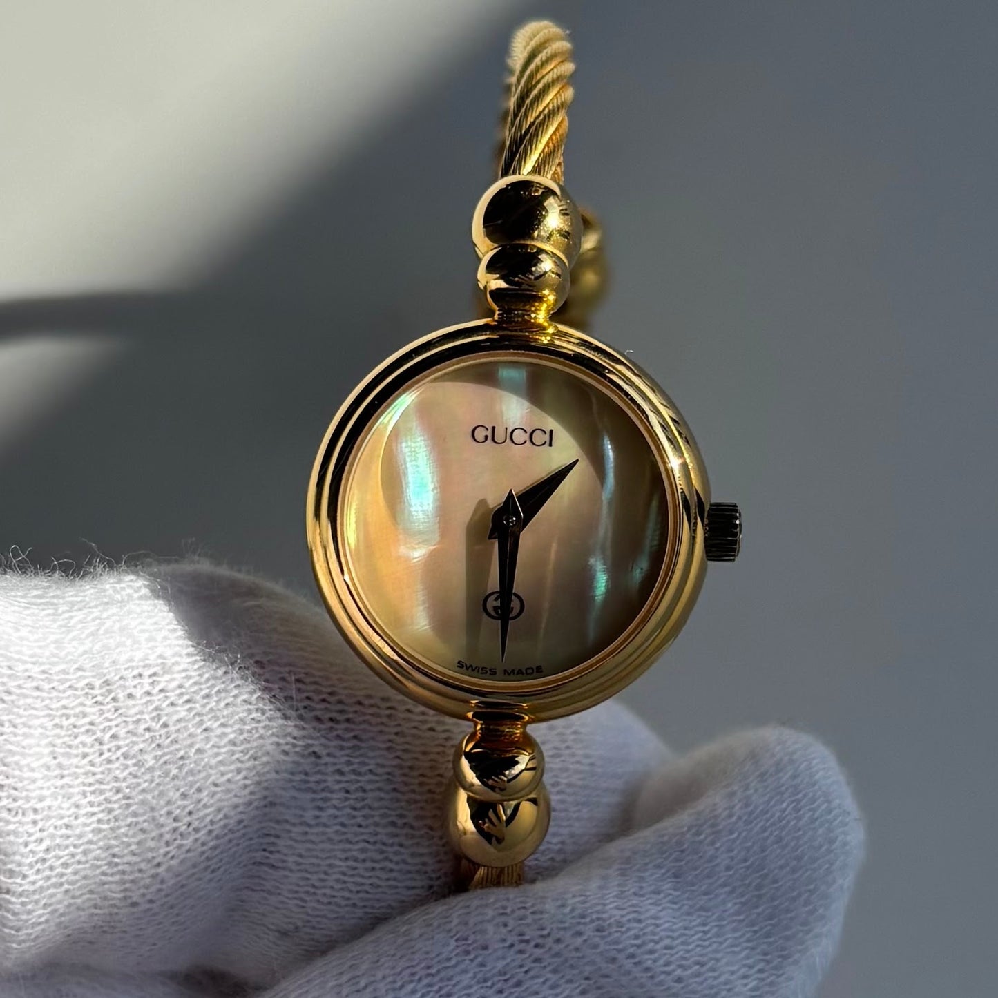 Gucci 1990s Seashell Dial Gold Plated Cable Bangle Watch