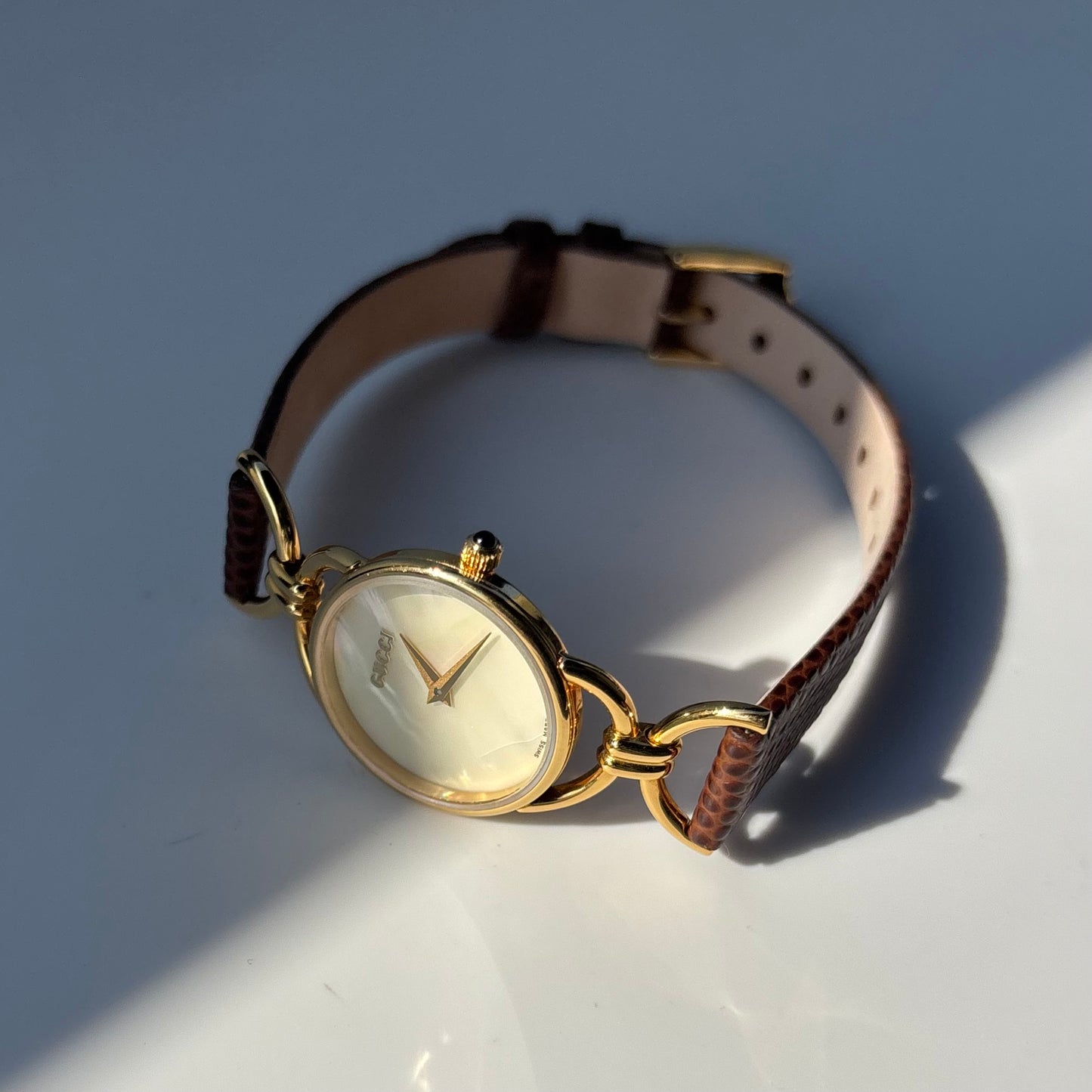 Gucci 1990s Seashell Dial Gold Plated Horsebit Watch