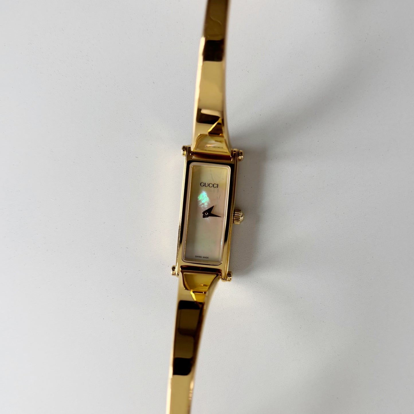 Gucci 1990s Seashell Rectangular Dial Gold Plated Bangle Watch