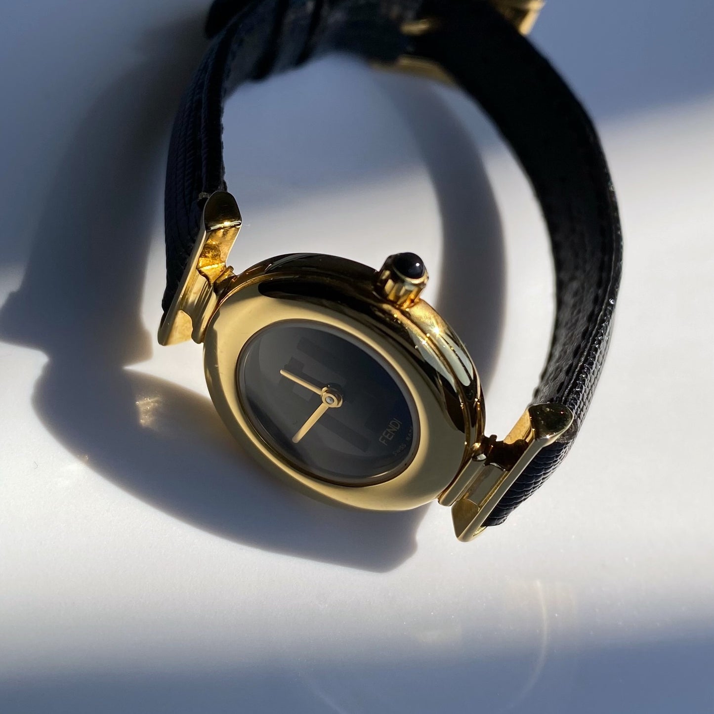 Fendi 1990s Black Dial Gold Plated Round Leather Watch