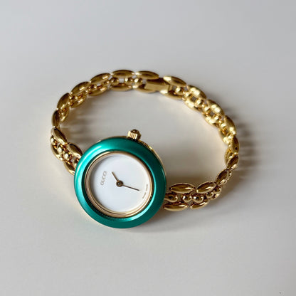 Gucci 1990s Interchangeable Bezel Gold Plated Rice Chain Watch with 6 bezels, case (166mm)