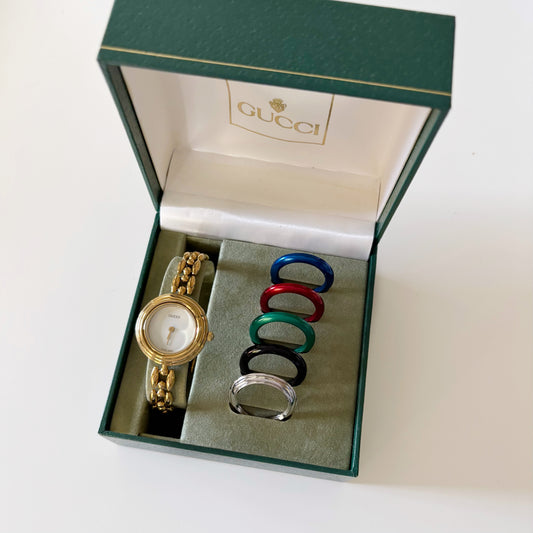 Gucci 1990s Interchangeable Bezel Gold Plated Watch with 6 bezels, case