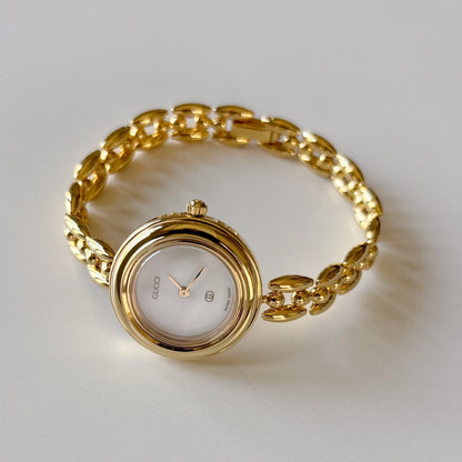 Gucci 1990s Interchangeable Bezel Gold Plated Rice Chain Watch with 6 bezels, case (160mm)