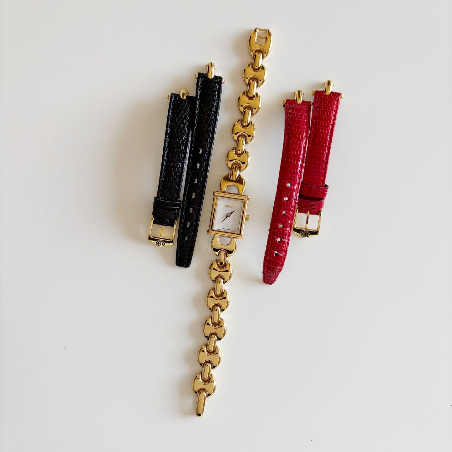 Gucci 1990s Interchangeable Strap Gold Plated Watch with 3 straps, case