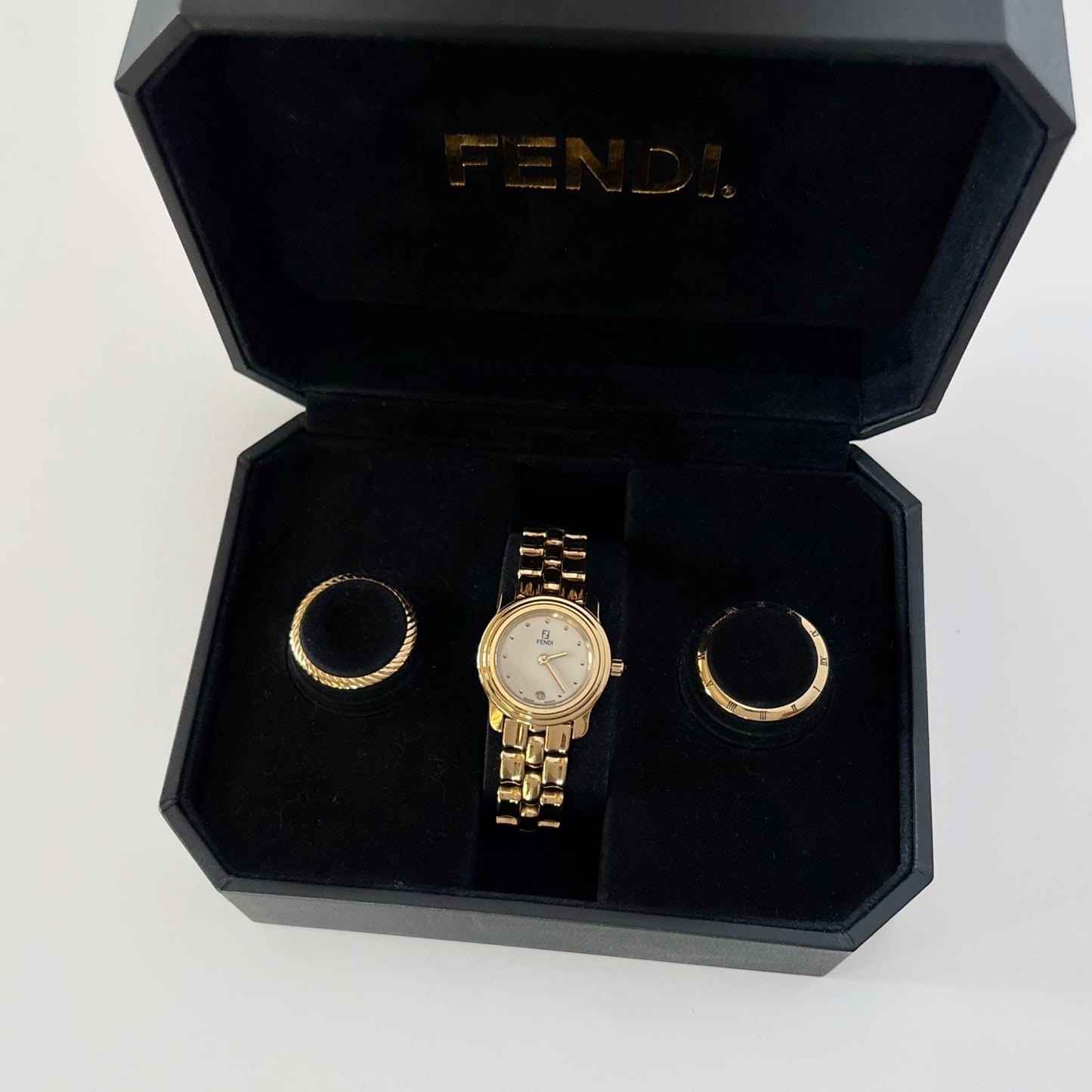 Fendi 1990s Interchangeable Bezel Round Gold Plated Watch with 3 bezels, case