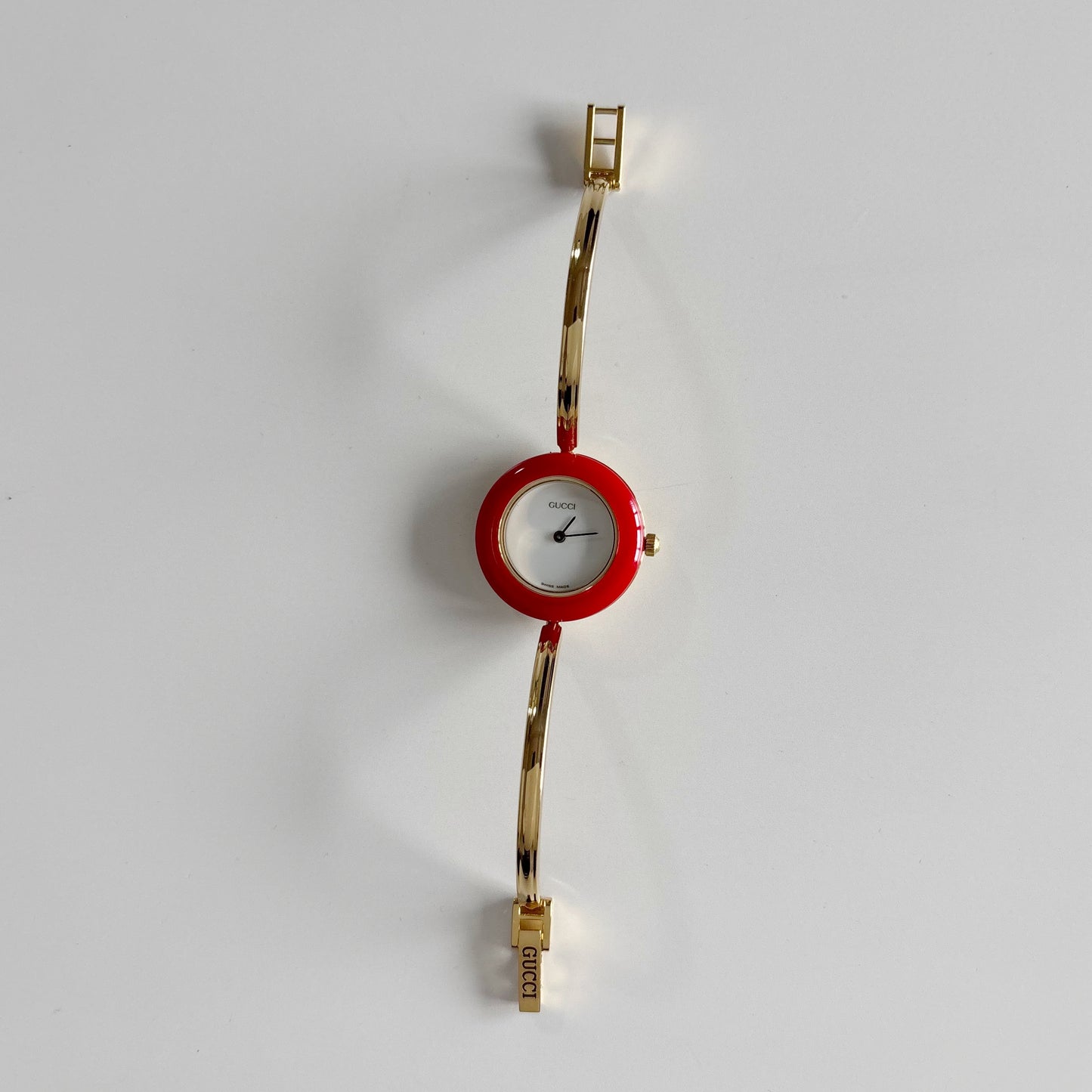 Gucci 1990s Interchangeable Bezel Gold Plated Bangle Watch with case, 12 bezels (Small)