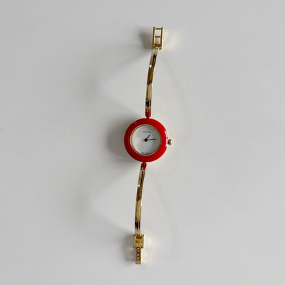 Gucci 1990s Interchangeable Bezel Gold Plated Bangle Watch with case, 12 bezels (Small)