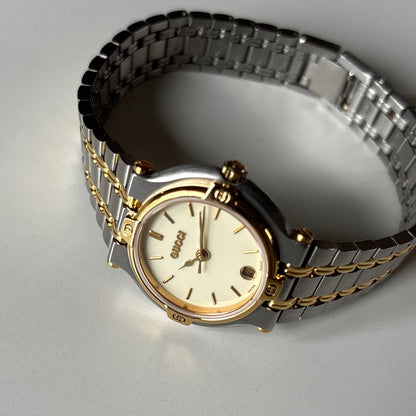 Gucci 1990s Date Round Dial Two Tone Gold Plated Watch