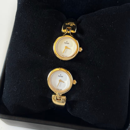Fendi 1990s Seashell Dial Two Time Zone Gold Plated Bangle Watch