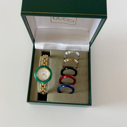 Gucci 1990s Interchangeable Bezel Gold Plated Rice Chain Watch with case, 6 bezels (160mm)