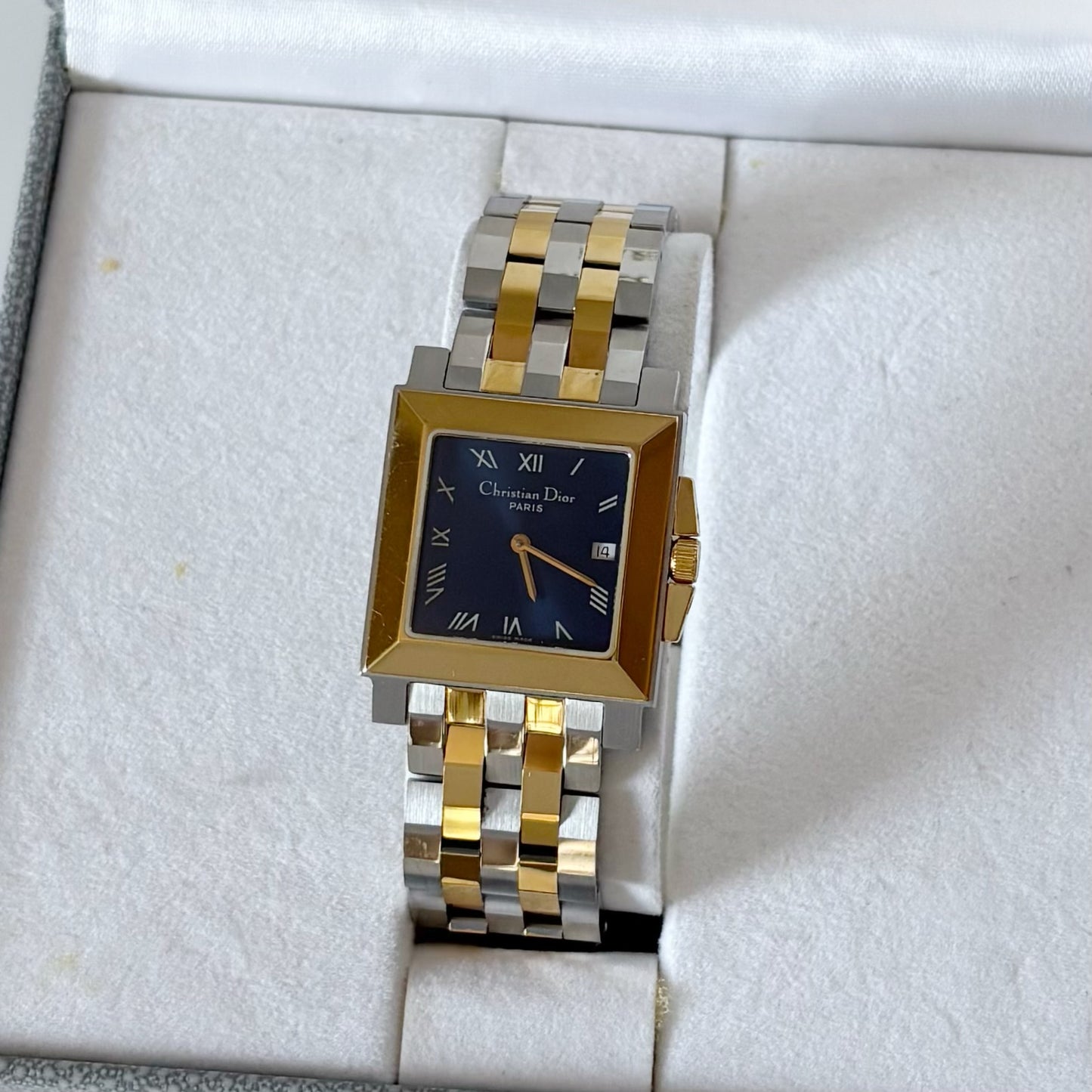 Dior 1990s Monsieur De Dior Navy Square Dial Two Tone Watch (Large)