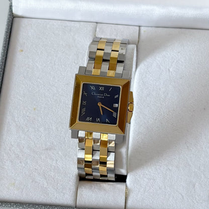 Dior 1990s Monsieur De Dior Navy Square Dial Two Tone Watch (Large)