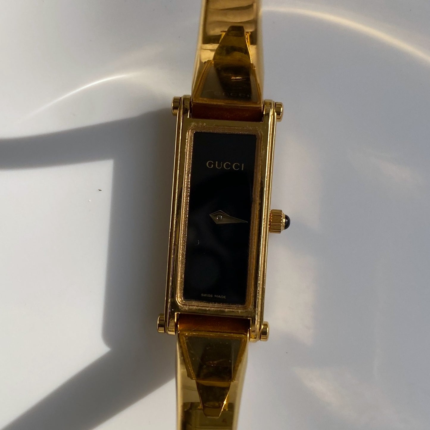 Gucci 1990s Black Dial Gold Plated Rectangular Bangle Watch