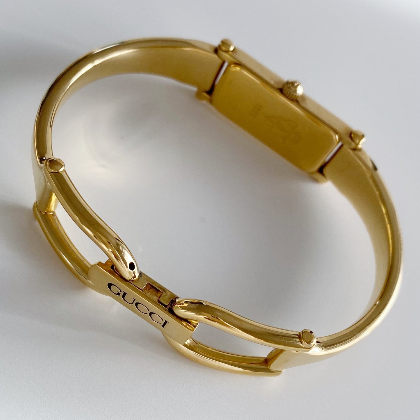 Gucci 1990s Seashell Dial Rectangular Gold Plated  Bangle Watch