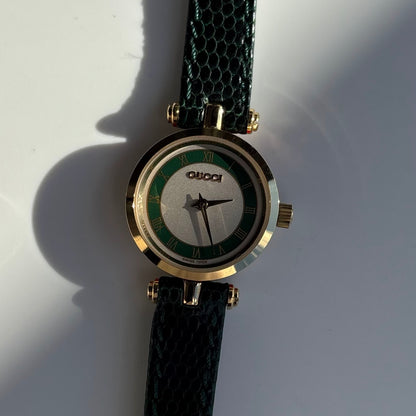 Gucci 1990s Green Sherry Round Dial Gold Plated Watch