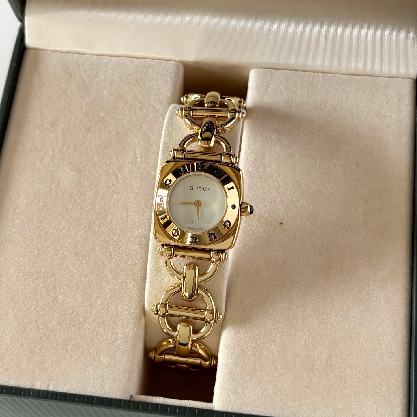 Gucci 1990s Seashell Dial Gold Plated Horsebit Watch