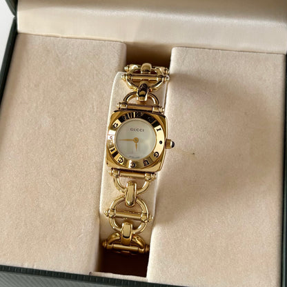 Gucci 1990s Seashell Dial Gold Plated Horsebit Watch