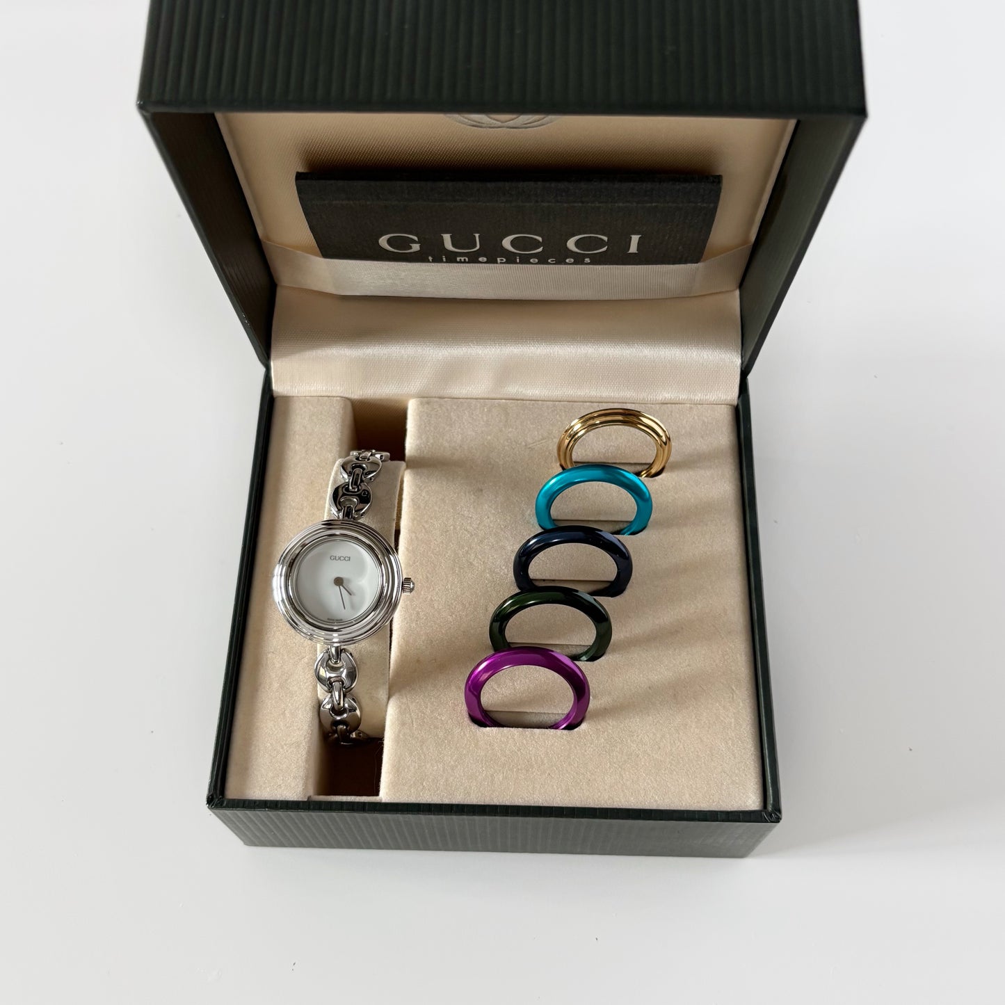 Gucci 1990s Interchangeable Bezel Stainless steel Watch with 6 bezels, Case (165mm)
