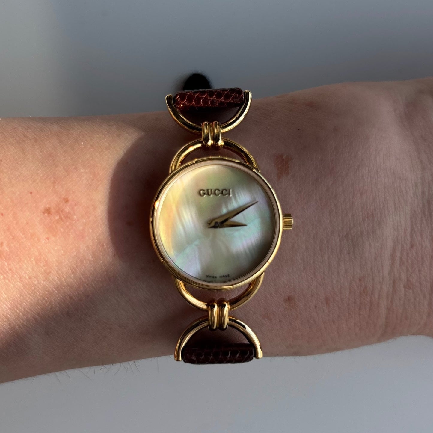Gucci 1990s Seashell Dial Horsibit Gold Plated Watch