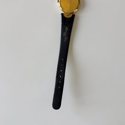 Dior 1990s Black Round Dial Gold Plated Watch
