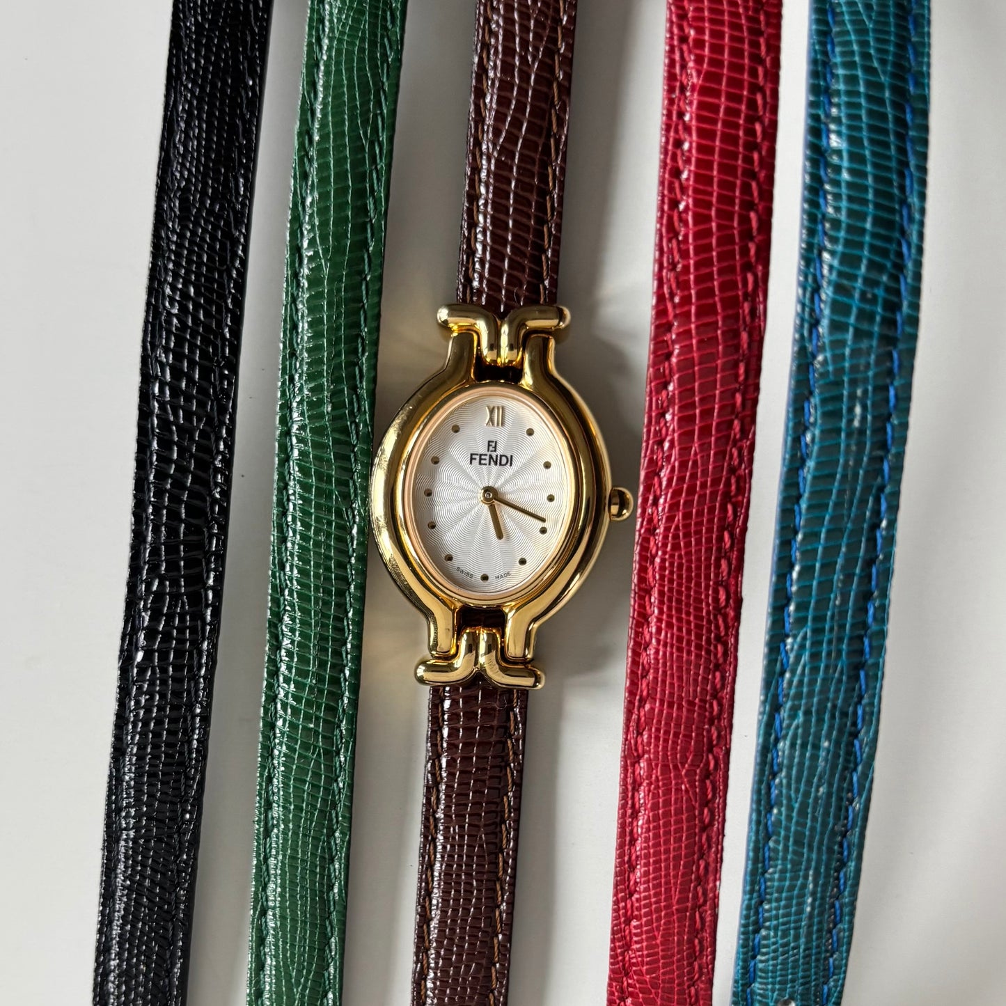 Fendi 1990s Interchangeable Strap Gold Plated Watch with 5 straps, case