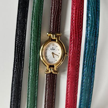 Fendi 1990s Interchangeable Strap Gold Plated Watch with 5 straps, case