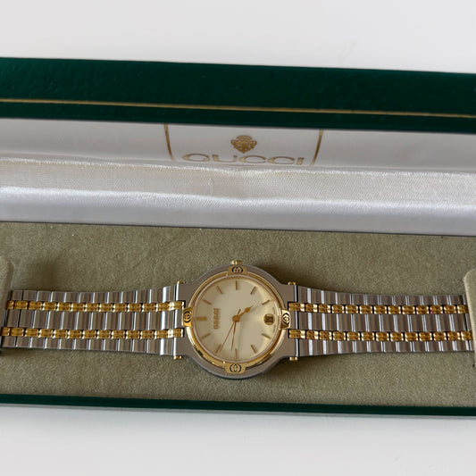 Gucci 1990s Date Round Cream Dial Two Tone Watch (Large)