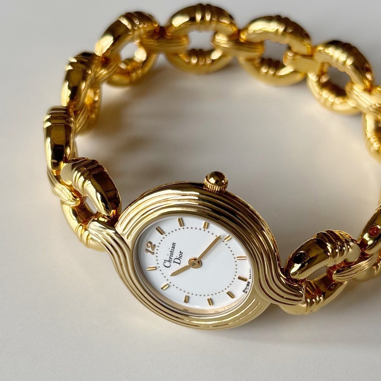Dior 1990s Round Dial Interchangeable strap Gold Plated Watch with 3 straps, case
