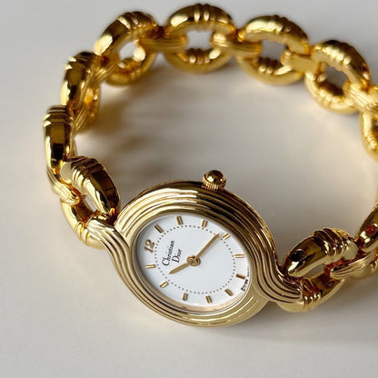 Dior 1990s Round Dial Interchangeable strap Gold Plated Watch with 3 straps, case