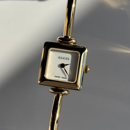 Gucci 1990s Square Dial Gold Plated Bangle Watch
