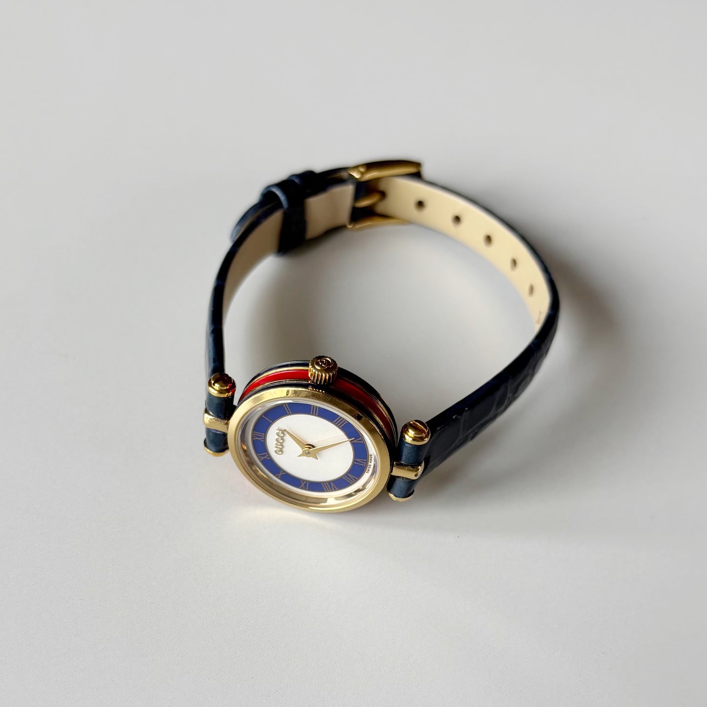 Gucci 1990s Round Dial Blue Gold Plated Watch