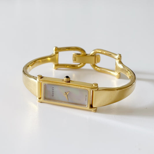 Gucci 1990s Seashell Dial Gold Plated Bangle Watch