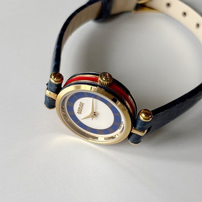 Gucci 1990s Blue Round Dial Gold Plated Watch