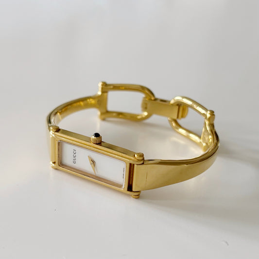 Gucci 1990s Seashell Dial Rectangular Gold Plated Bangle Watch (Small)