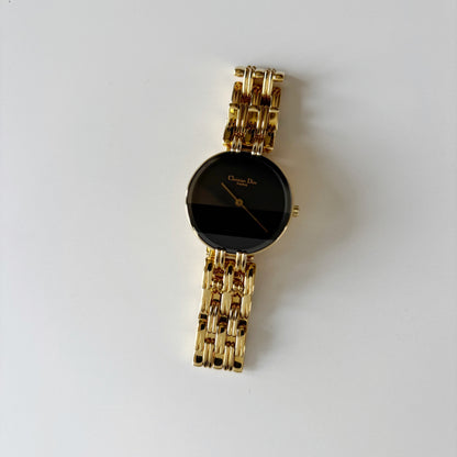 Dior 1990s Bagheera Round Black Dial Gold Plated Watch