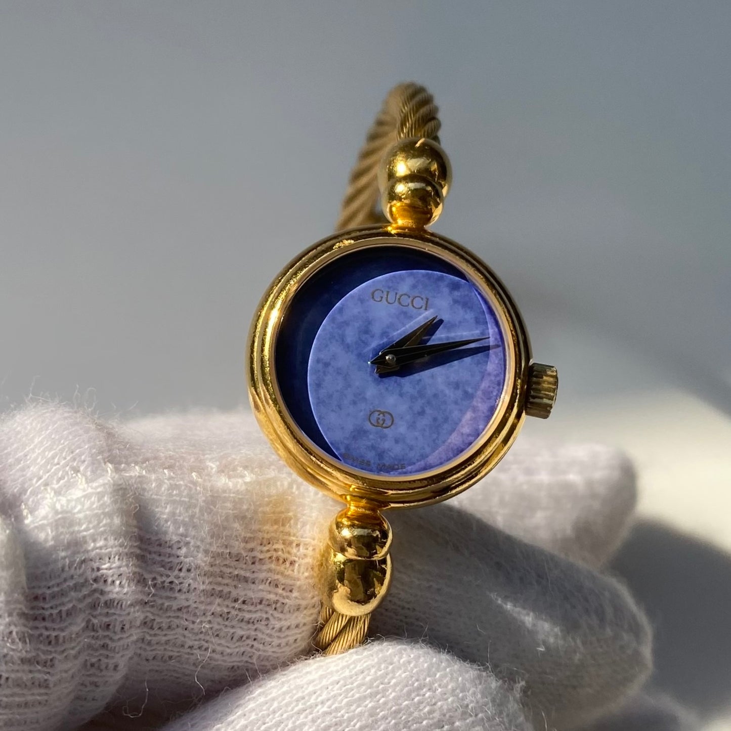 Gucci 1990s Blue Dial Gold Plated Cable Bangle Watch