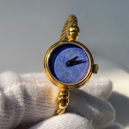 Gucci 1990s Blue Dial Gold Plated Cable Bangle Watch