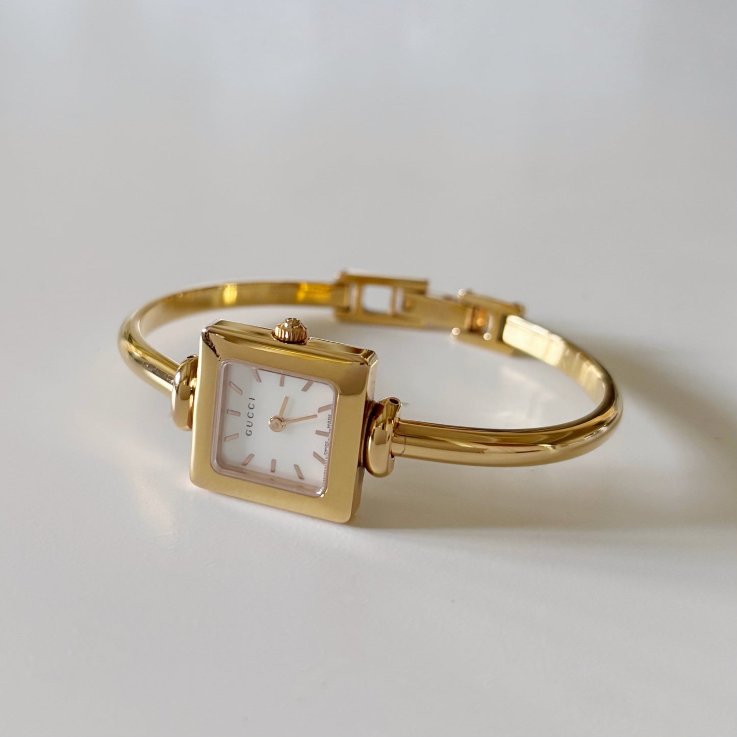 Gucci 1990s Seashell Dial Square Gold Plated Bangle Watch