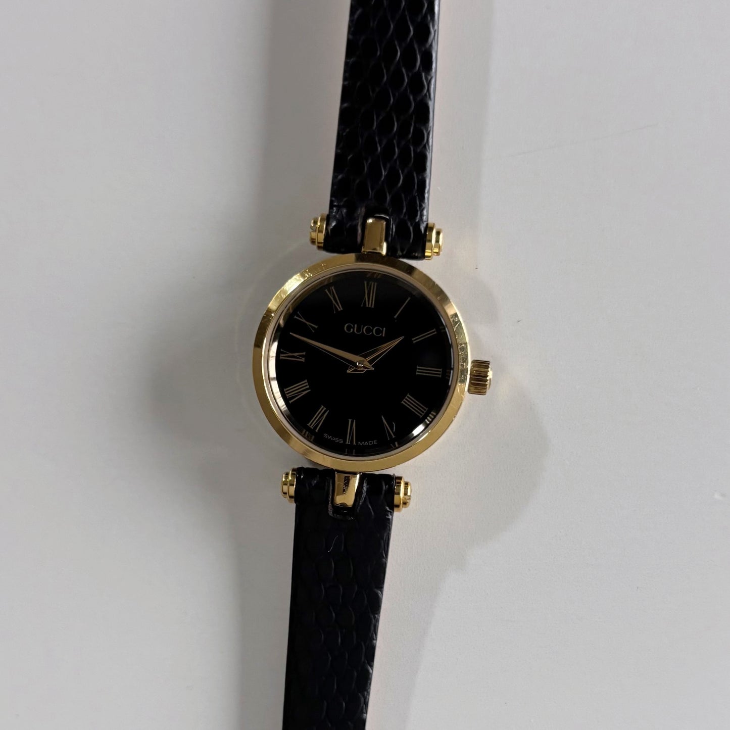 Gucci 1990s Black Round Dial Gold Plated Watch