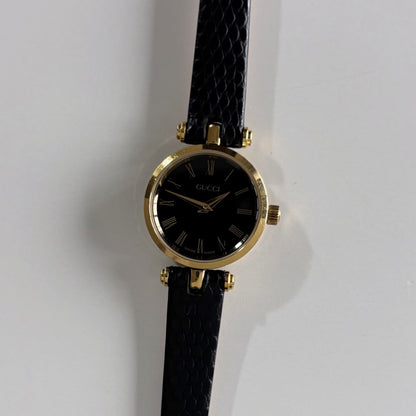 Gucci 1990s Black Round Dial Gold Plated Watch