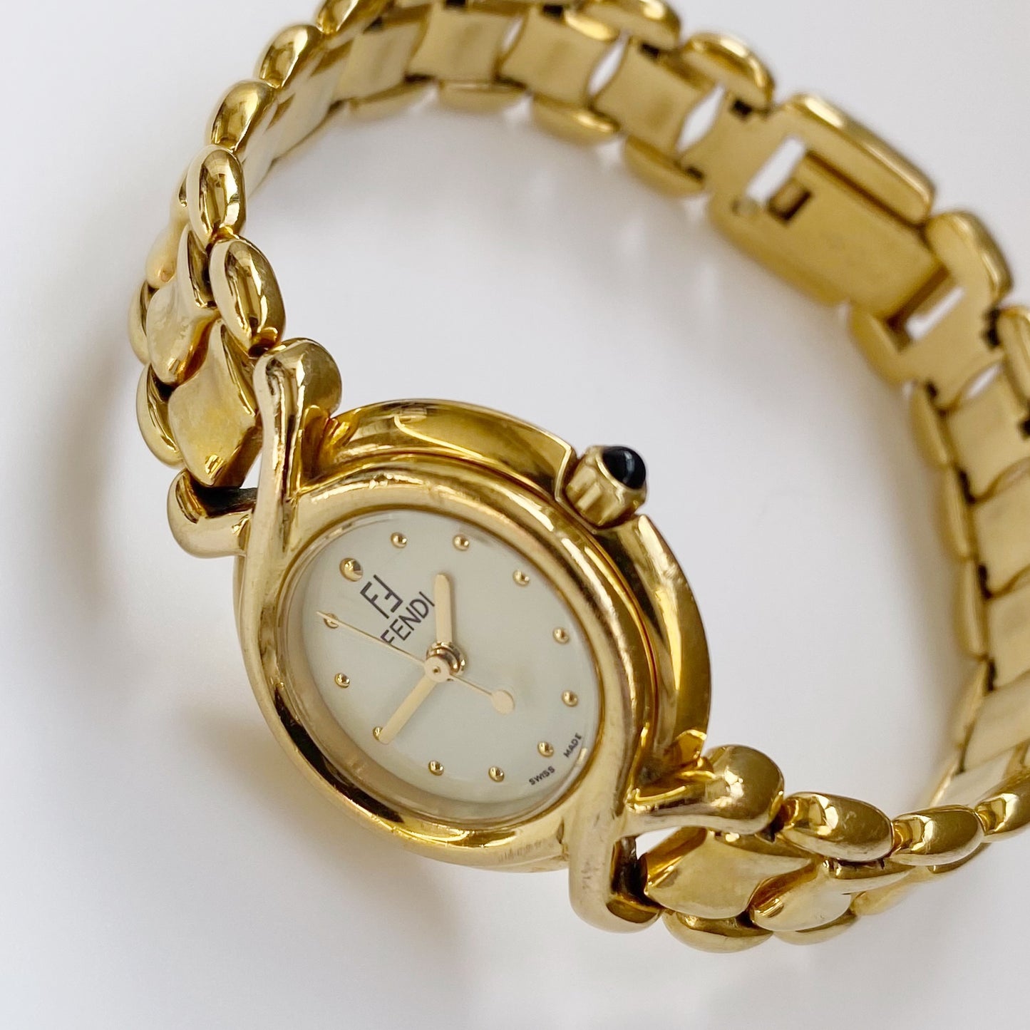 Fendi 1990s Seashell Dial Gold Plated Round Watch