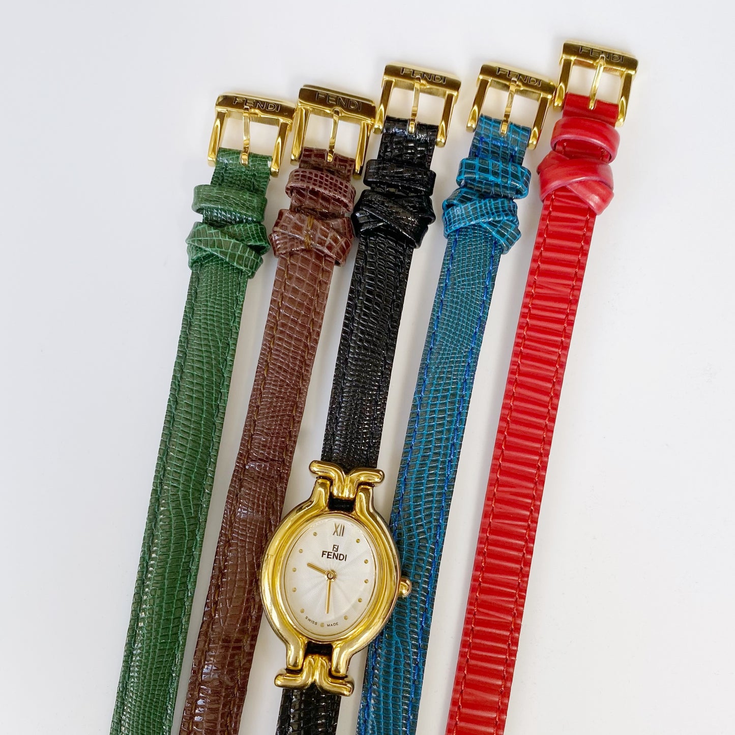 Fendi 1990s Interchangeable Belt Watch with 5 belts, case