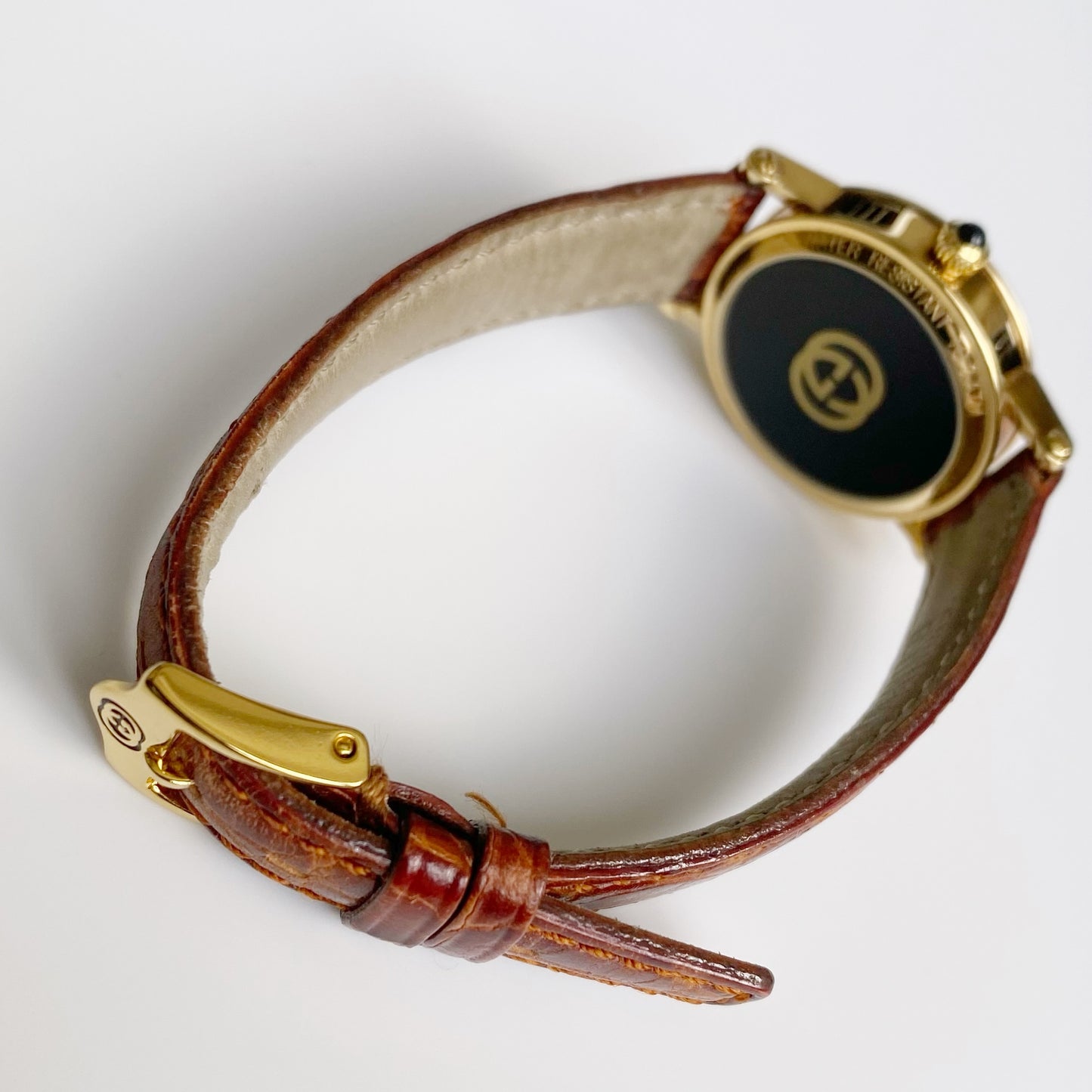 Gucci 1990s Date Gold Plated Round Leather Strap Watch