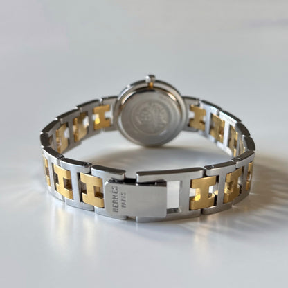 Hermes 1990s Cream Round Dial Gold Plated Two Tone Watch