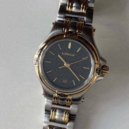 Gucci 1990s Date Round Black Dial Two Tone Gold Plated Watch