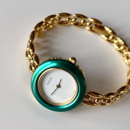 Gucci 1990s Interchangeable Bezel Gold Plated Rice Chain Watch with 6 bezels, case (160mm)