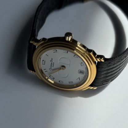 Dior 1990s Date Round Dial Gold Plated Watch