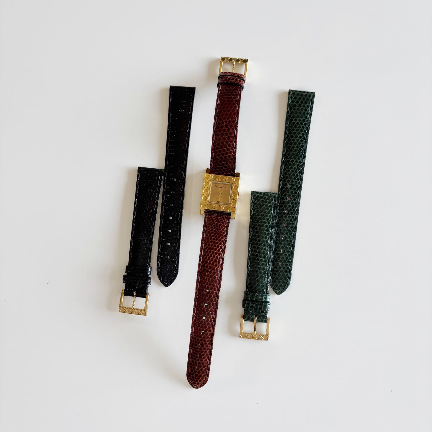 Dior 1990s La Parisienne Interchangeable Strap Gold Plated Watch with 3 straps, case